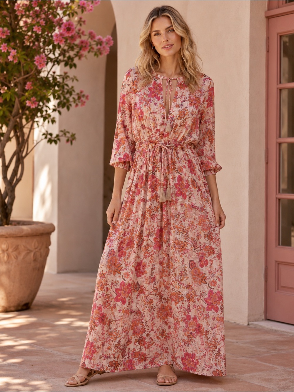 Sweet Lemon NWT Floral Boho Maxi Dress Pink Paisley Tassel Tie Flowy